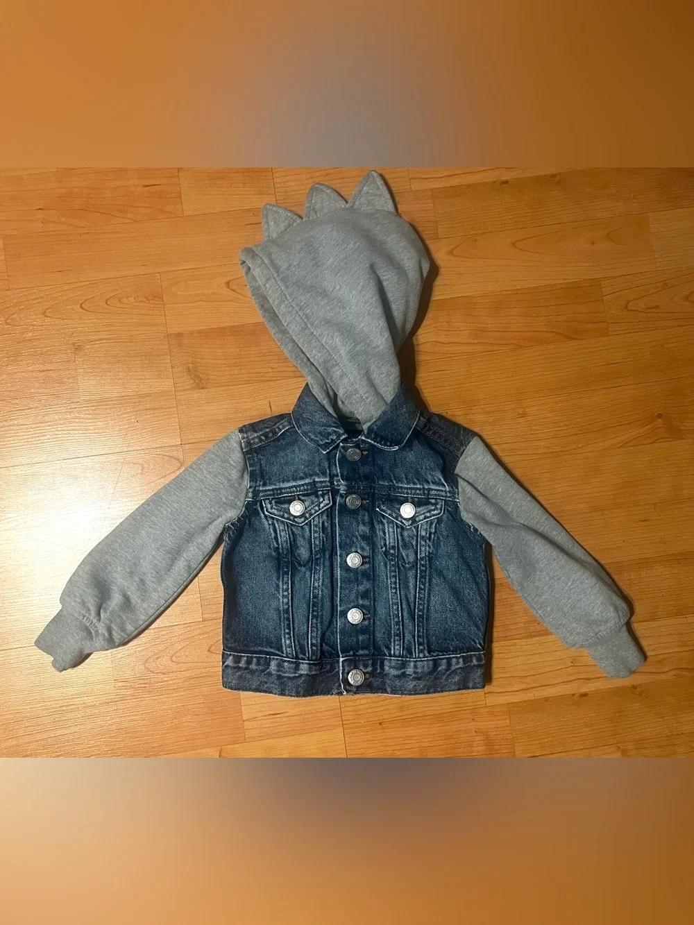 Baby GAP Boy or Girl Blue Denim Jacket with Grey Dinosaur Shape Hood and Sleeves